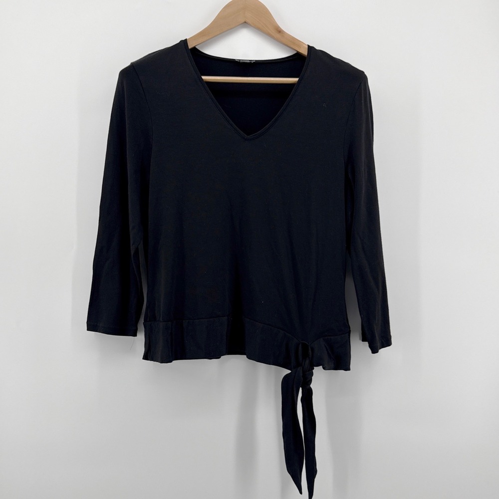 Ann Taylor Womens Black V-Neck Side Tie 3/4 Sleeve Knit Top Large 23-118992
